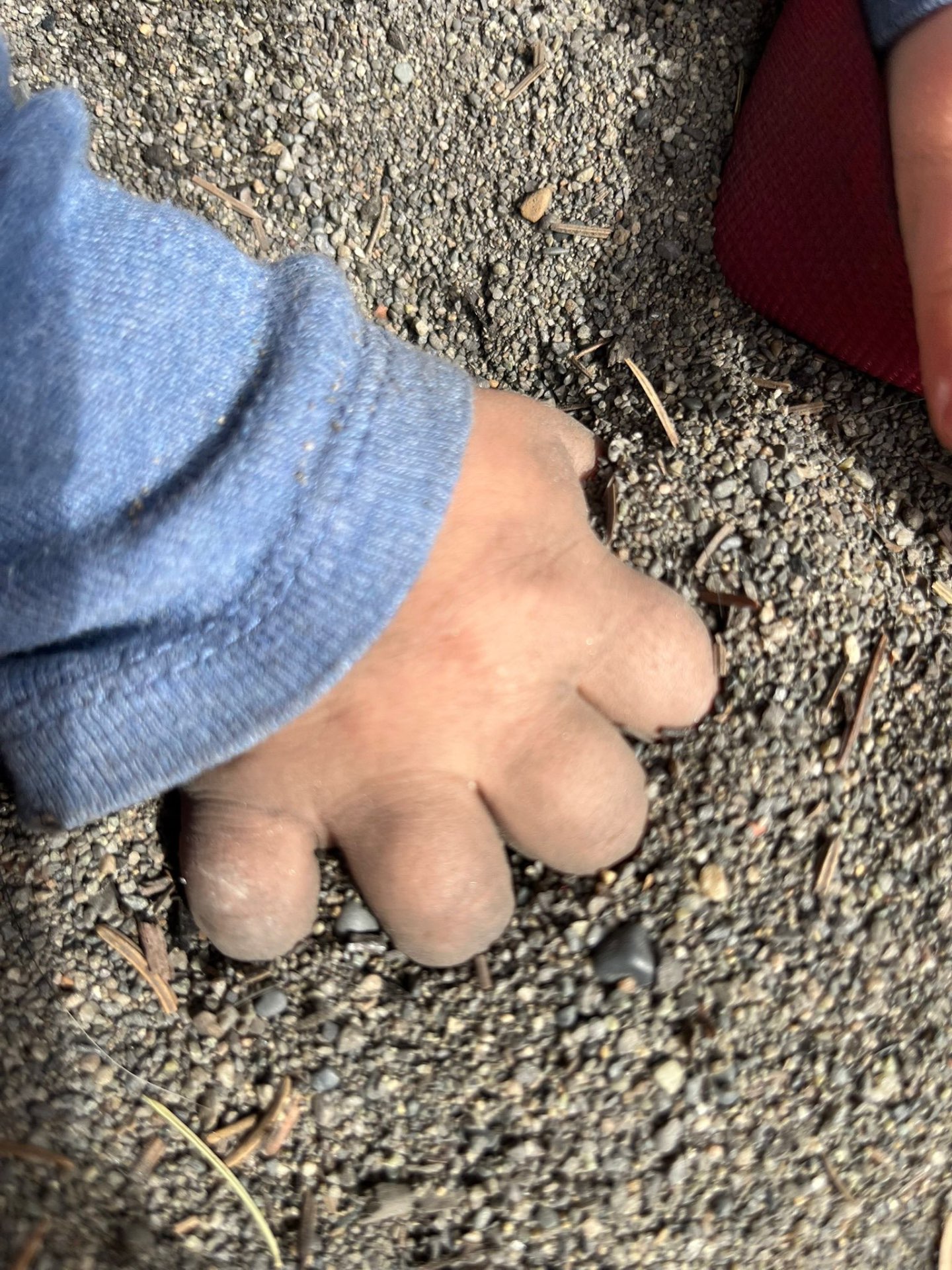 A baby's foot in a blue sock resting on gravel